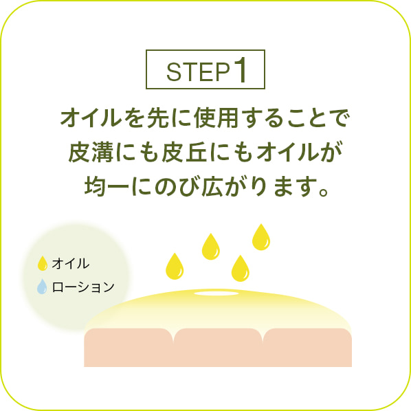 STEP1 オイル先を先に使用することで皮溝にも皮丘にもオイルが均一にのび広がります。